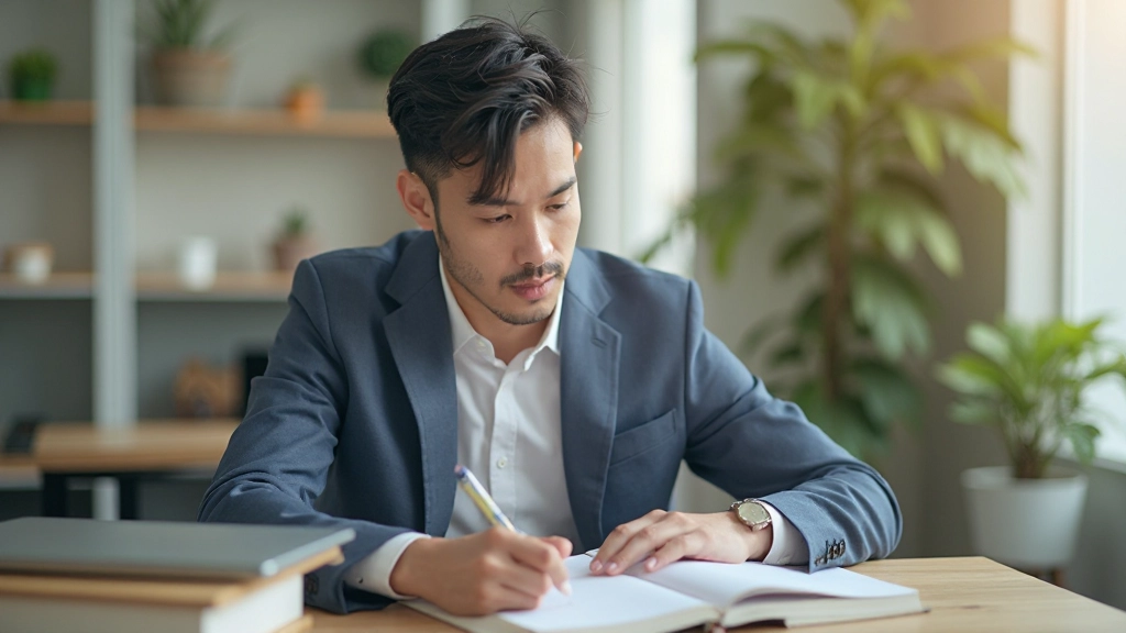 Professional adult learner studying English materials in bright workspace with notebook and coffee cup, focused expression, natural morning lighting