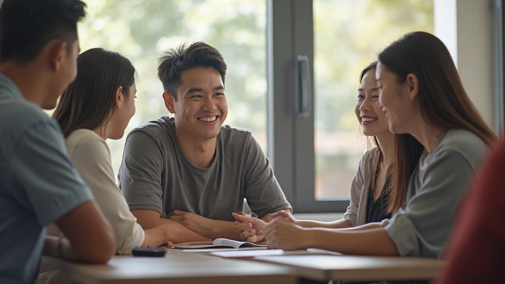 Group of students having animated discussion together, laughing and enjoying conversation practice session in classroom setting