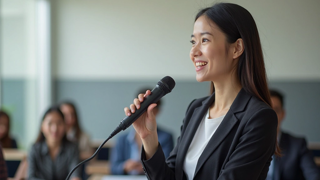 Person speaking into microphone during language lesson, demonstrating pronunciation techniques in bright modern classroom setting