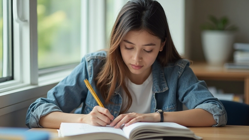 Student taking notes while reading English book in bright, focused workspace with language learning materials