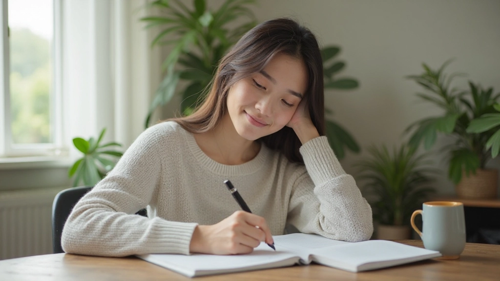 Student sitting at desk with open textbook and notebook, focused on studying English grammar with natural morning light streaming in