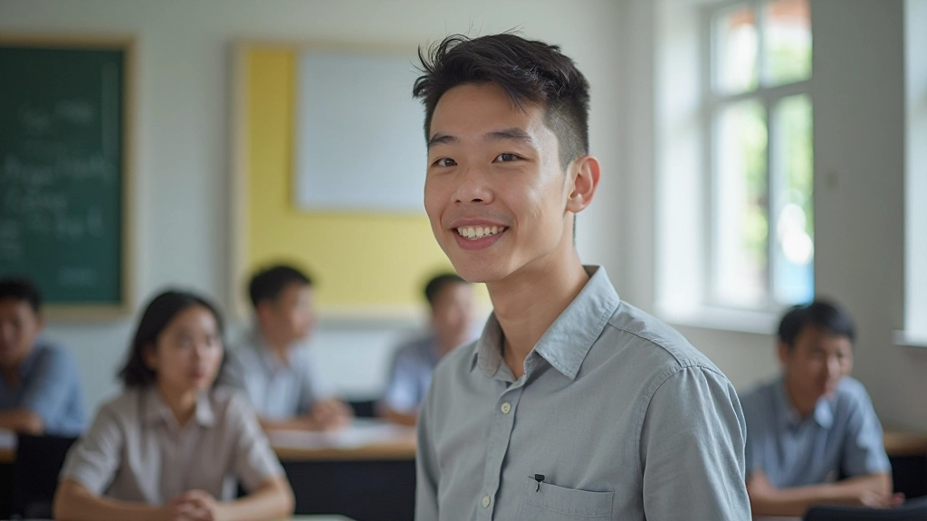 Student confidently speaking with instructor in casual English conversation practice session in bright, welcoming classroom environment
