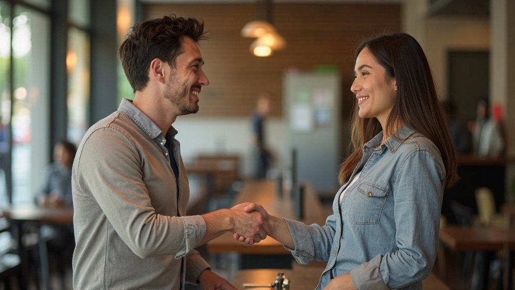 Two people meeting for first time at café table, smiling and shaking hands, casual conversation setting in warm afternoon light