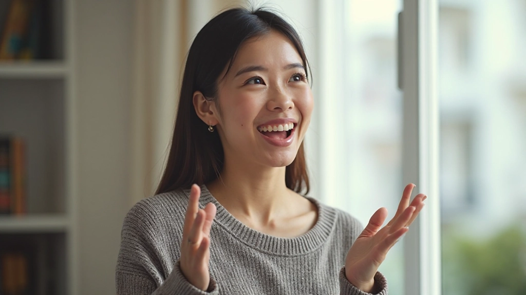 Young woman practicing English conversation with focused expression, hand gestures while speaking, natural conversational moment in modern setting