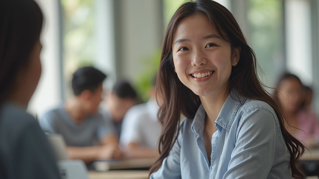 Beginner English learner smiling confidently during conversation practice session, relaxed posture in language classroom setting, natural daylight