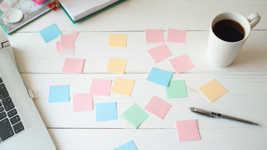 Colorful vocabulary flashcards spread on table with highlighted words, coffee cup, and pen for language learning practice