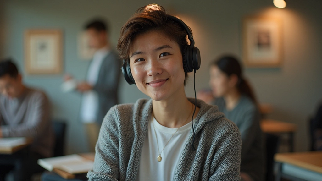 Student wearing headphones, focused on listening and pronunciation practice during language lesson, sitting at desk with notebook