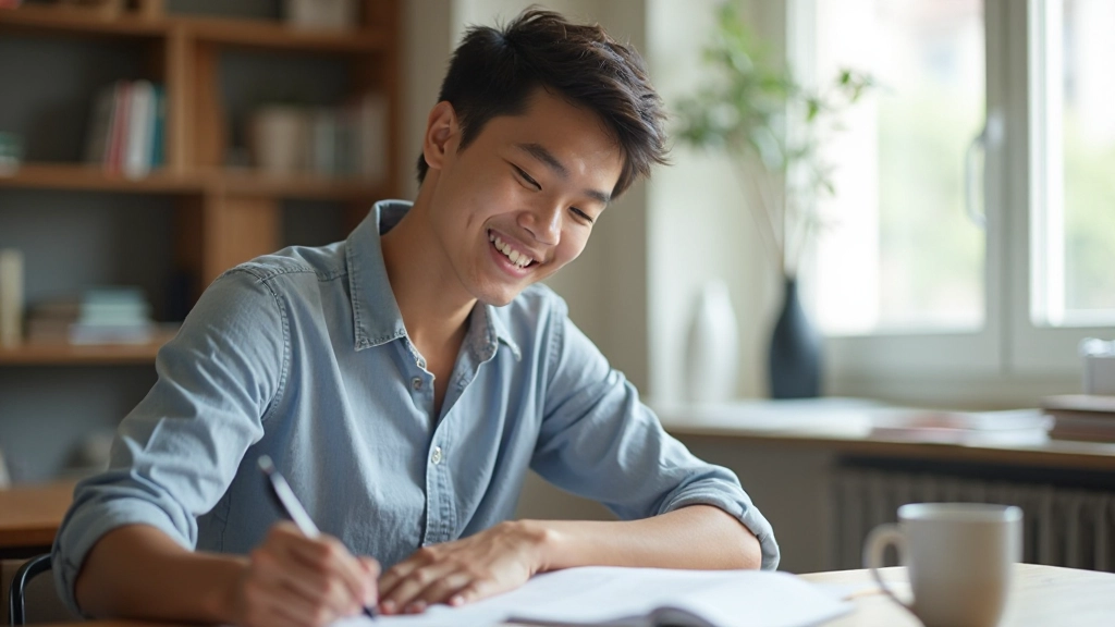 Student smiling at camera while writing English grammar notes at a bright, organized desk with coffee mug